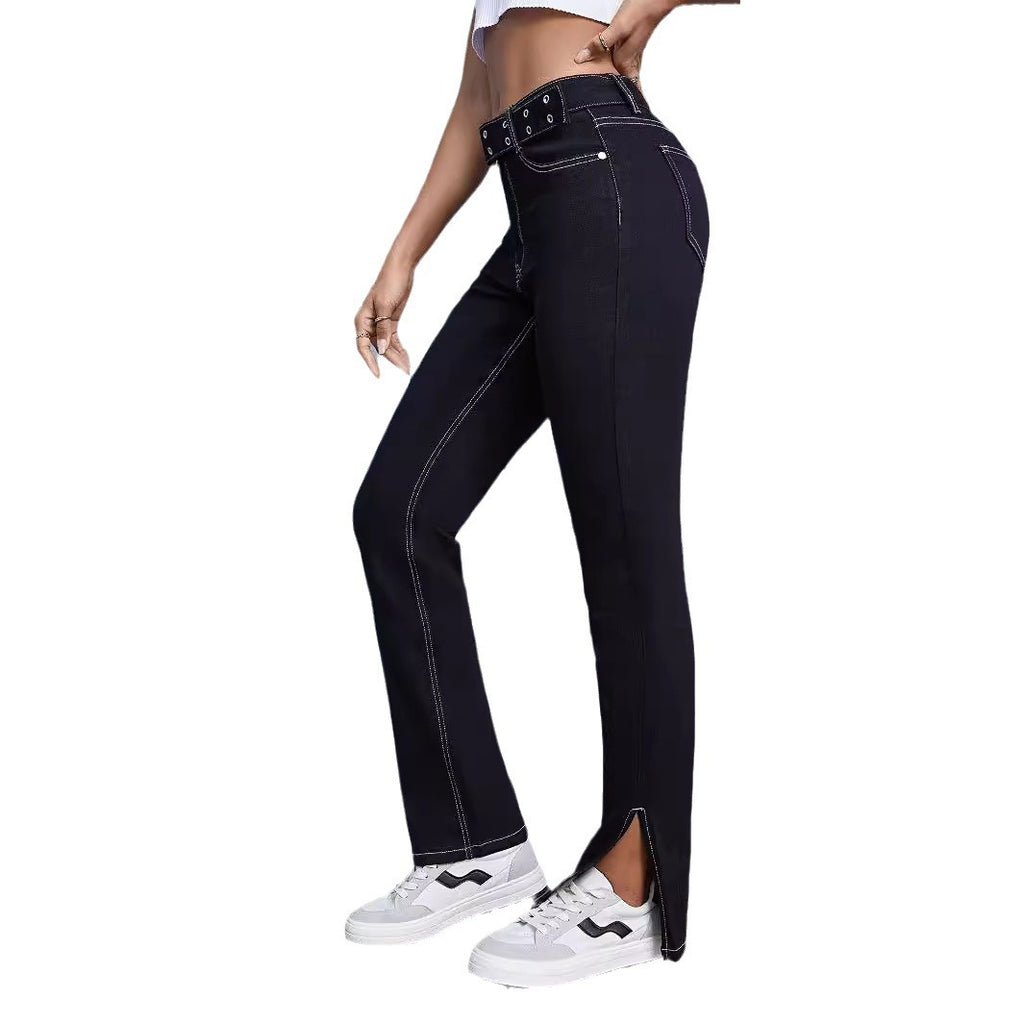 Women High-Waist Straight Jeans with Side Ankle Slit and Contrast Stitch Fashion Glam