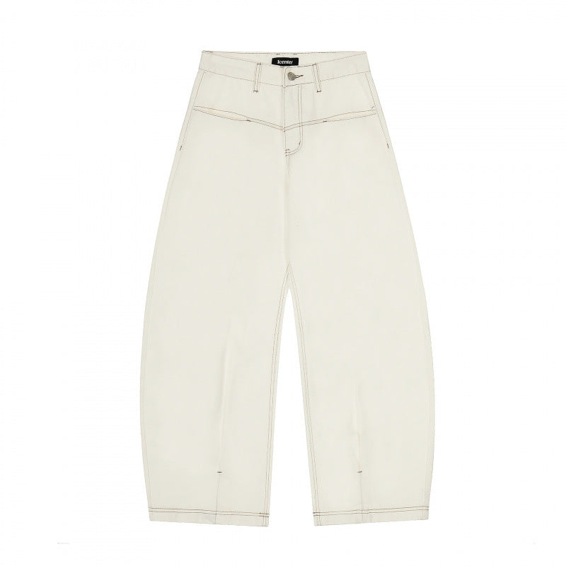 Women Wide Cropped Balloon Jeans with High Waist and Visible Contrast Stitching Fashion Glam