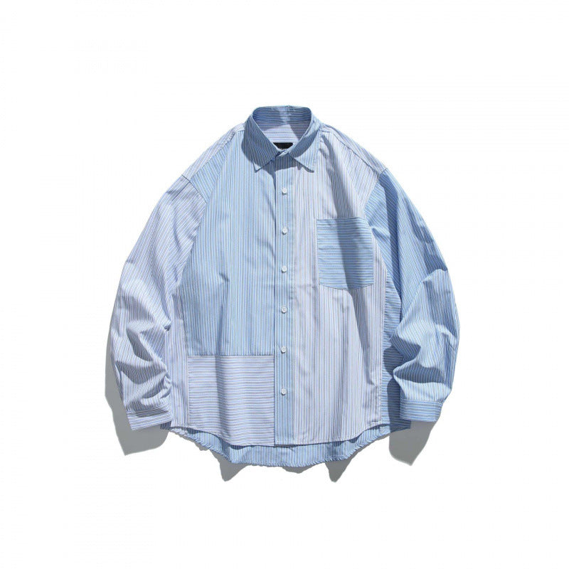 Unisex Oversize Shirt Jacket in Patchwork Stripe Look with Chest Pocket and Rounded Hem Fashion Glam
