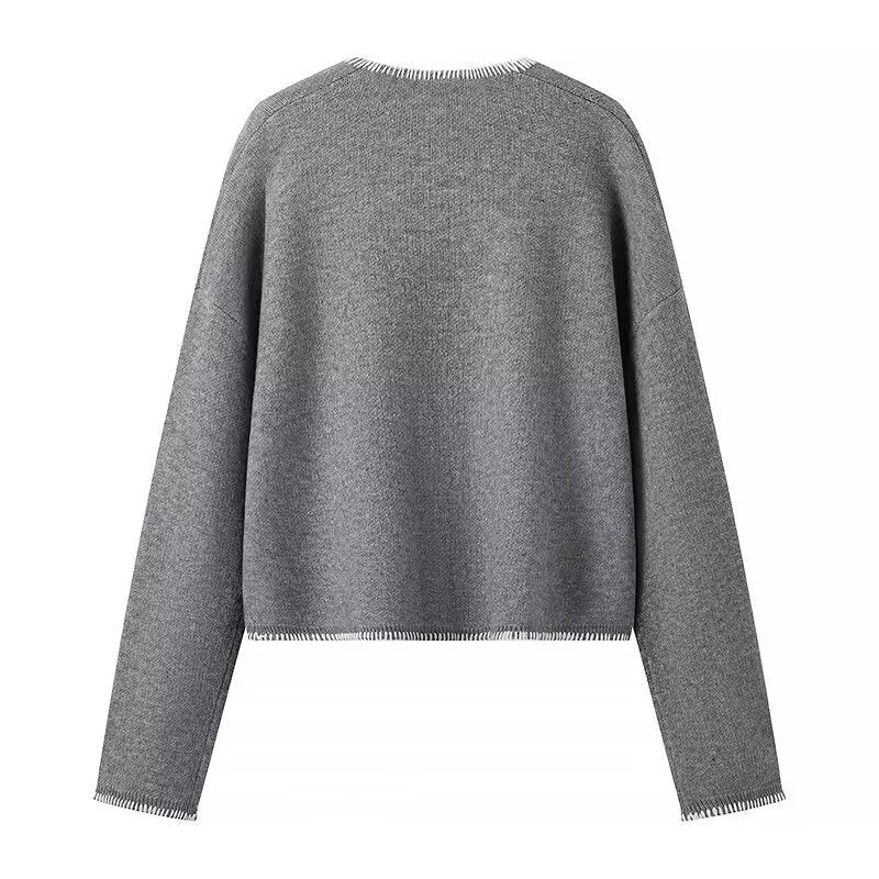 Women Short V-neck Knit Sweater with Patch Pockets and Decorative Stitch Fashion Glam