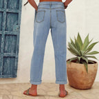Ladies straight-cut jeans with colorful floral appliqués and light destruction details Fashion Glam