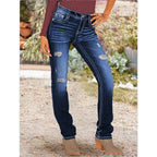 Women Sculpting Straight Denim with contrasting seam details and destroyed details Fashion Glam