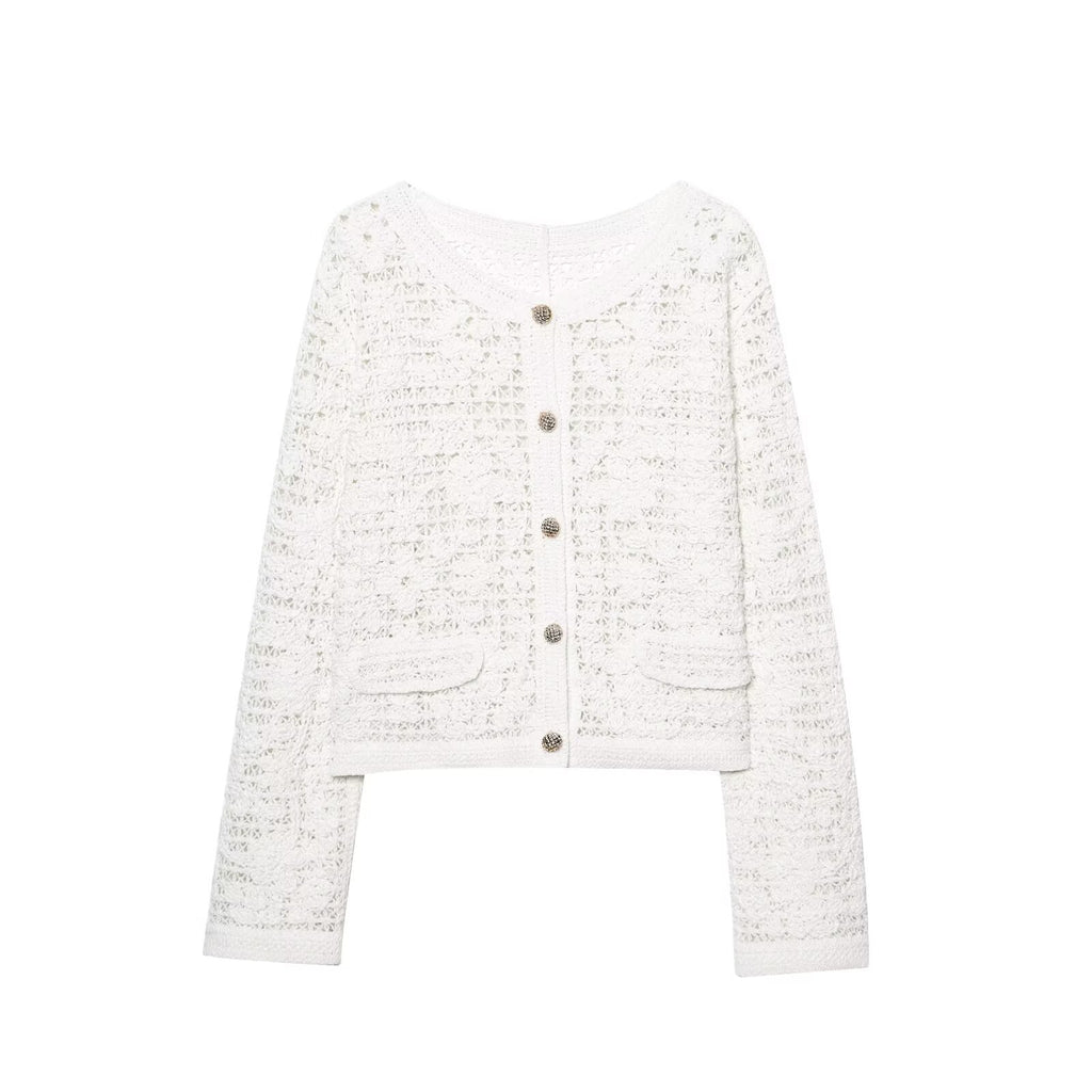 Women's Crocheted Short Jacket in Boucle Look with Decorative Buttons and Patch Pockets Fashion Glam