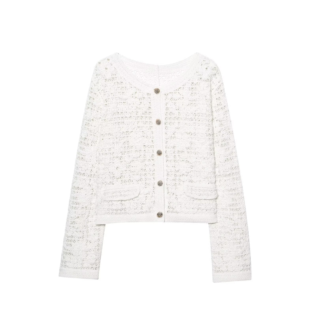 Women's Crocheted Short Jacket in Boucle Look with Decorative Buttons and Patch Pockets Fashion Glam
