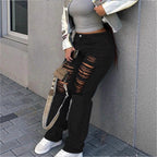 Women's high-cut wide denim jeans with pronounced ripped details and a casual fit Fashion Glam