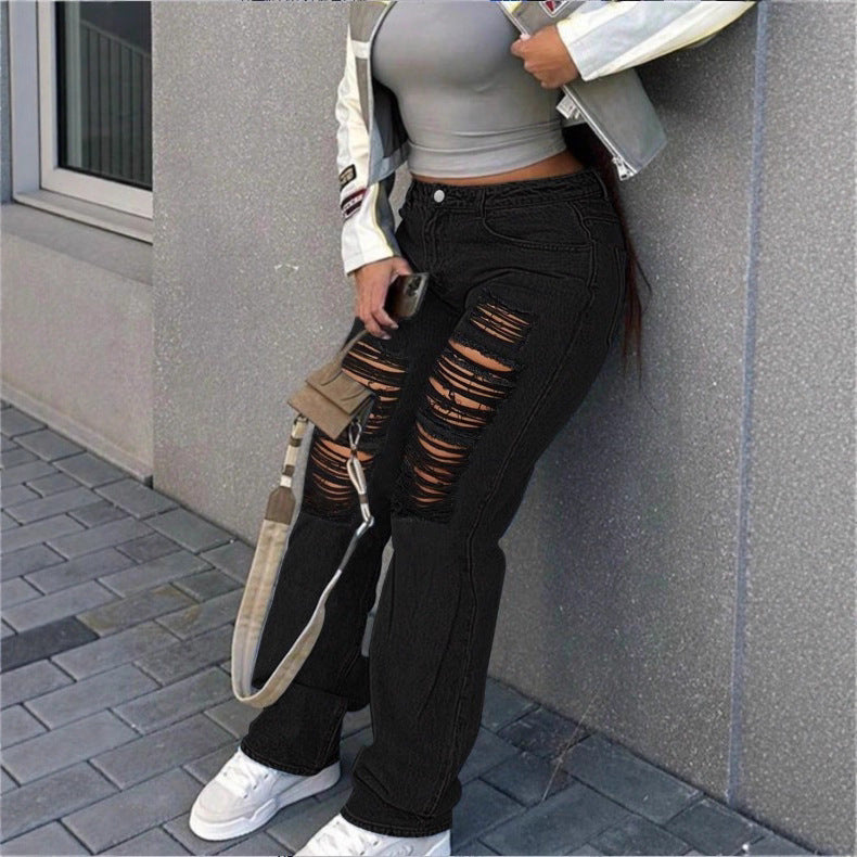 Women's high-cut wide denim jeans with pronounced ripped details and a casual fit Fashion Glam