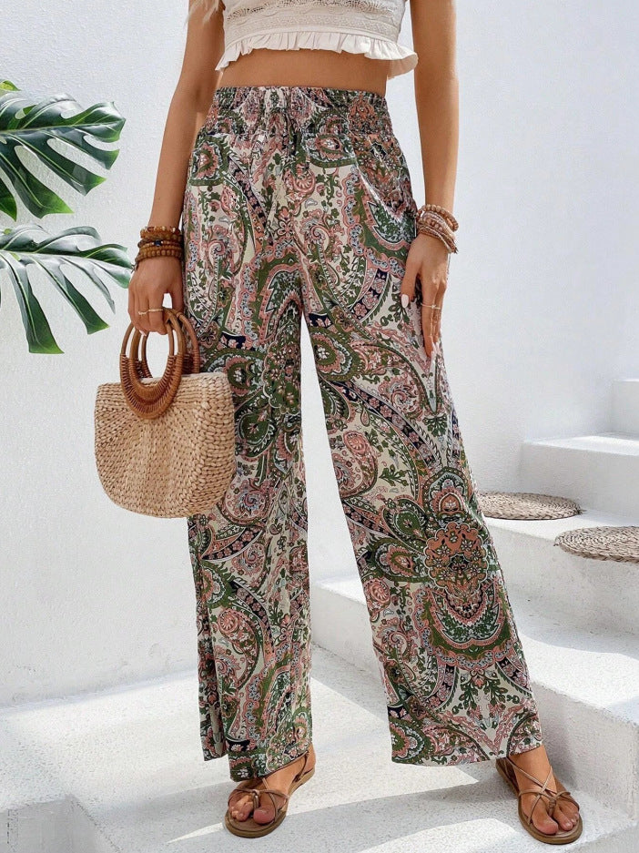 Ladies wide summer trousers in linen look with elastic waistband and paisley print Fashion Glam