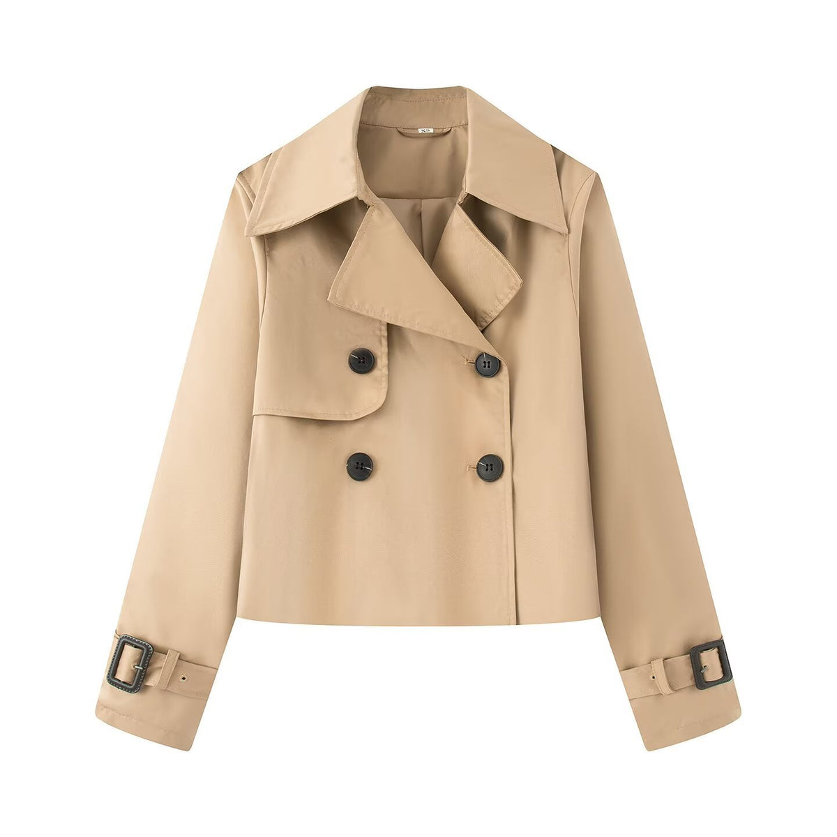 Women Cropped Double-breasted Trench Coat with Wide Lapels and Adjustable Cuffs Fashion Glam