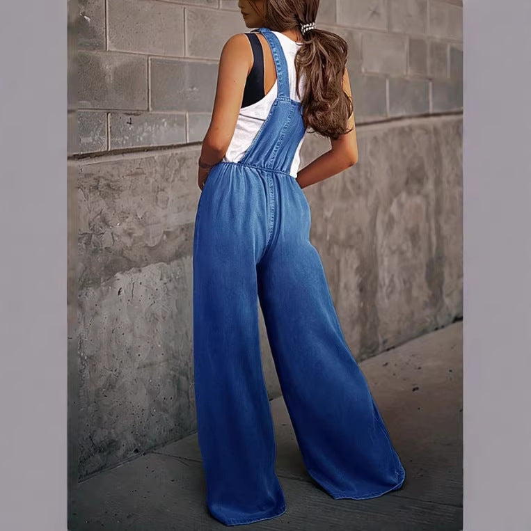 Women's Wide Denim Overall in Palazzo Cut with Adjustable Straps Fashion Glam