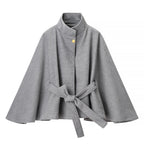 Women's short cape made of wool blend with asymmetric stand-up collar and waist tie belt Fashion Glam