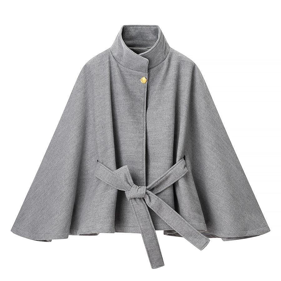 Women's short cape made of wool blend with asymmetric stand-up collar and waist tie belt Fashion Glam