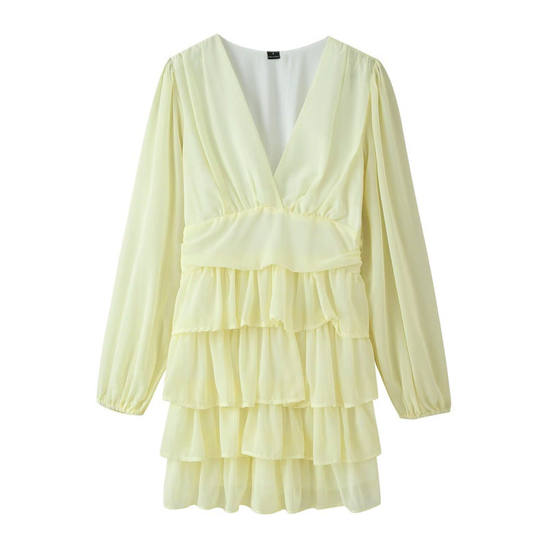 Women's Chiffon Mini Dress with V-Neck, Long Sleeves and Layered Ruffles Fashion Glam