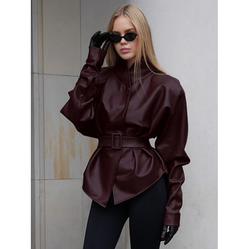 Women's leather look jacket with fitted belt and high stand-up collar Fashion Glam