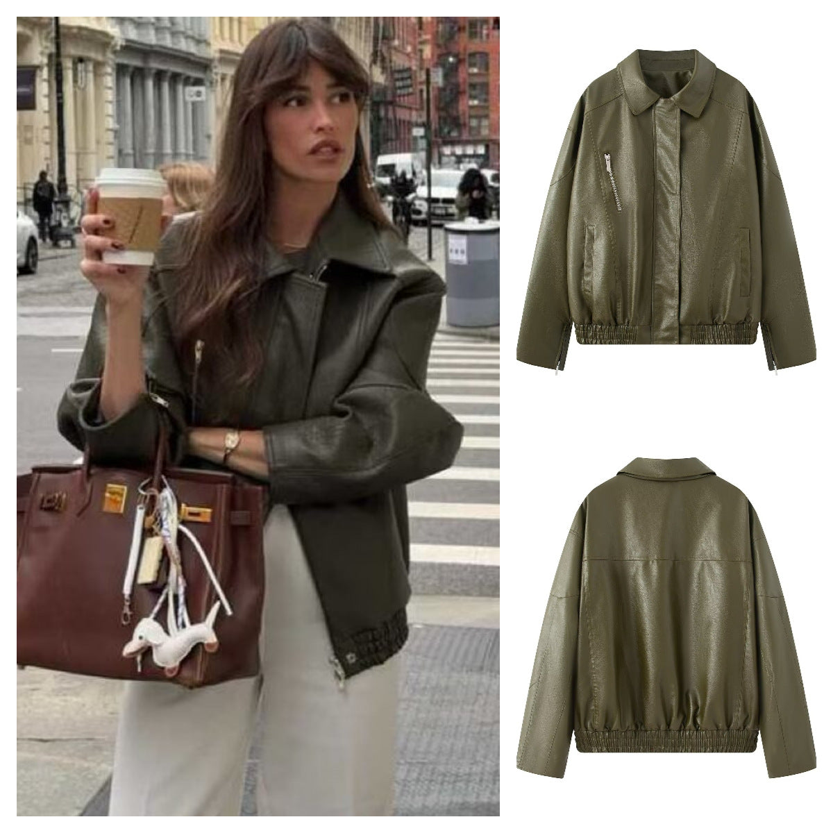 Women's Oversize Faux Leather Blouson with Elastic Hem, Slanted Zipper Chest Pocket and Zipper Sleeves Fashion Glam