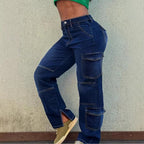Women’s Utility Cargo Denim Pants with Low Rise, Panel Seams and Functional Pockets Fashion Glam