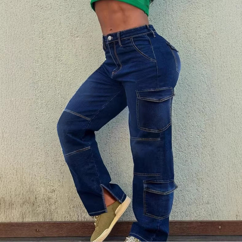 Women’s Utility Cargo Denim Pants with Low Rise, Panel Seams and Functional Pockets Fashion Glam