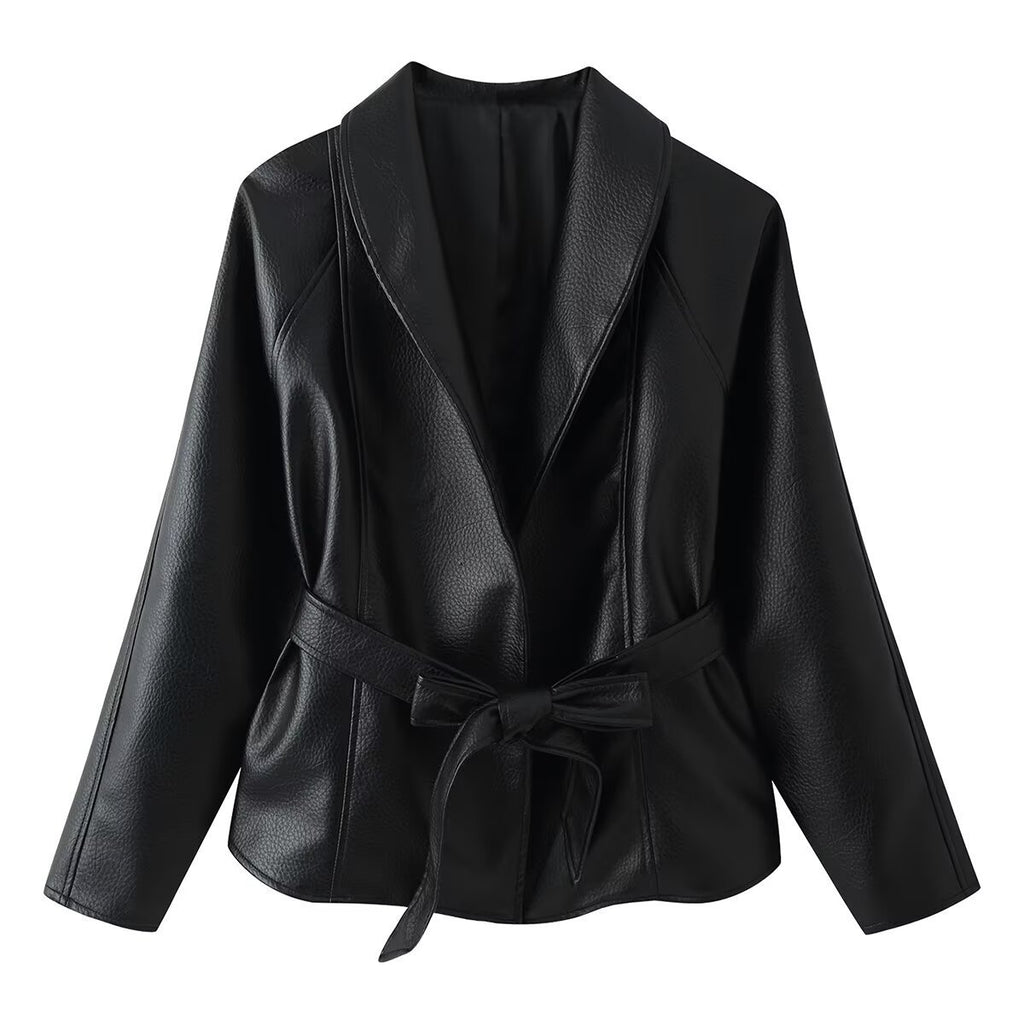 Women's Tailored Tie-Belt Leather Blazer with Shawl Collar Fashion Glam