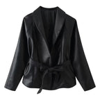Women's Tailored Tie-Belt Leather Blazer with Shawl Collar Fashion Glam