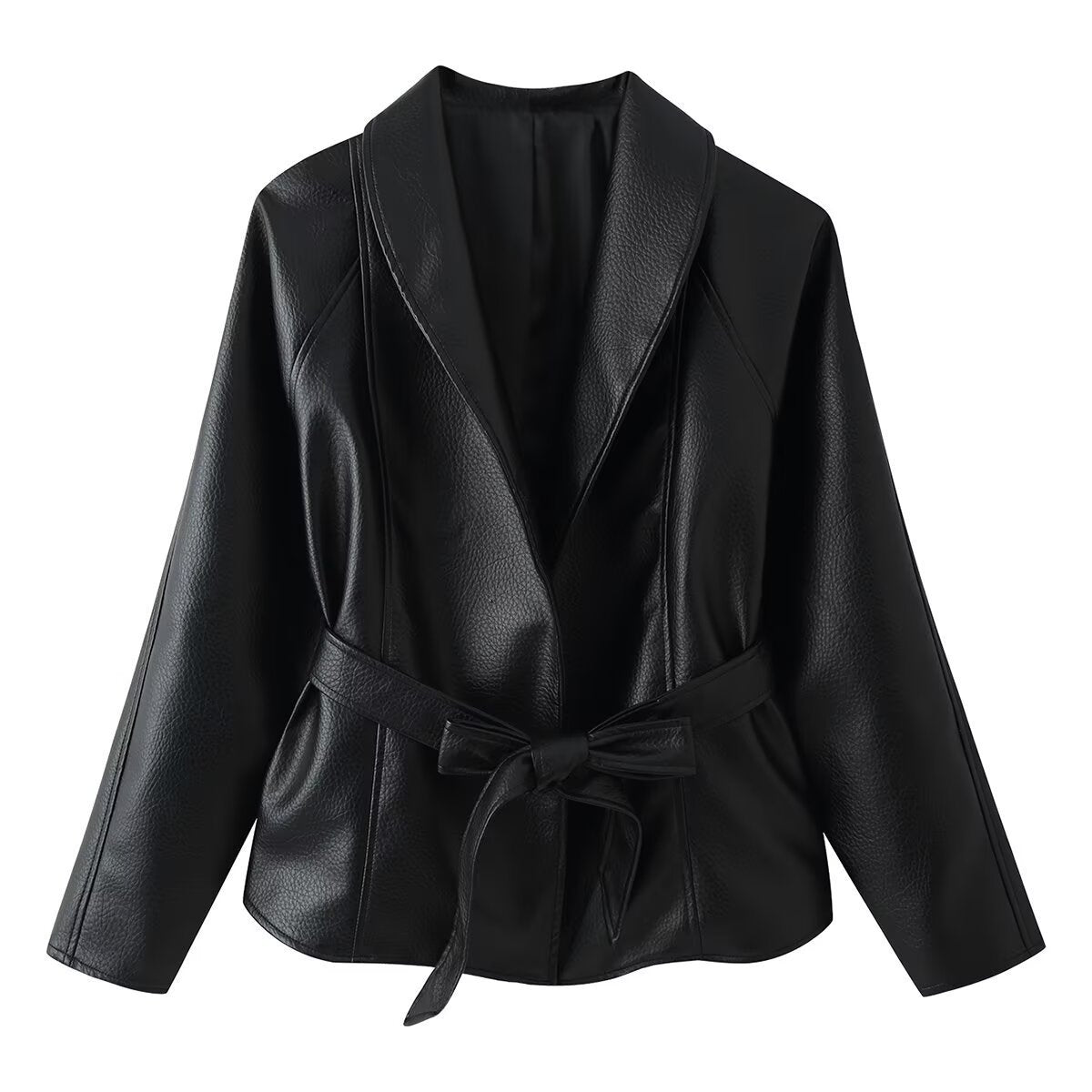 Women's Tailored Tie-Belt Leather Blazer with Shawl Collar Fashion Glam