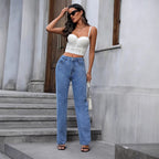 Women High-Waist Straight Jeans with Pearl and Rhinestone Trim Fashion Glam