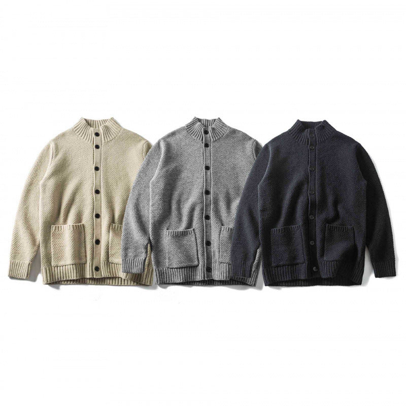 Unisex Structured Button Cardigan with Stand Collar and Patch Pockets Fashion Glam