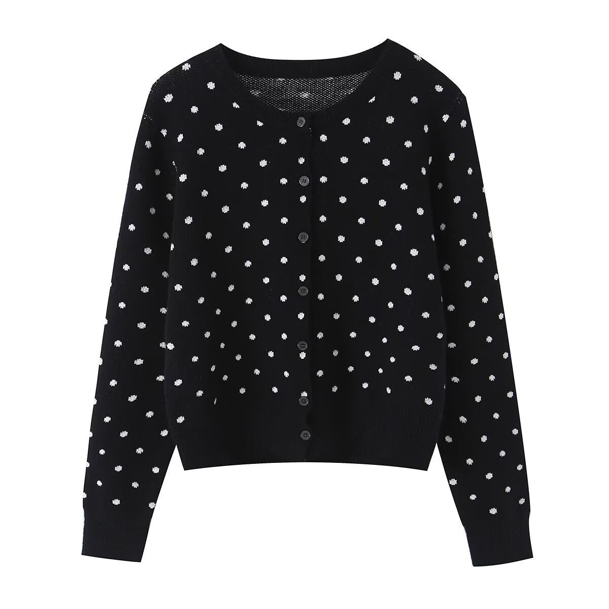 Women short cut fine knitted cardigan with round neckline, button placket and all-over polka dot pattern Fashion Glam
