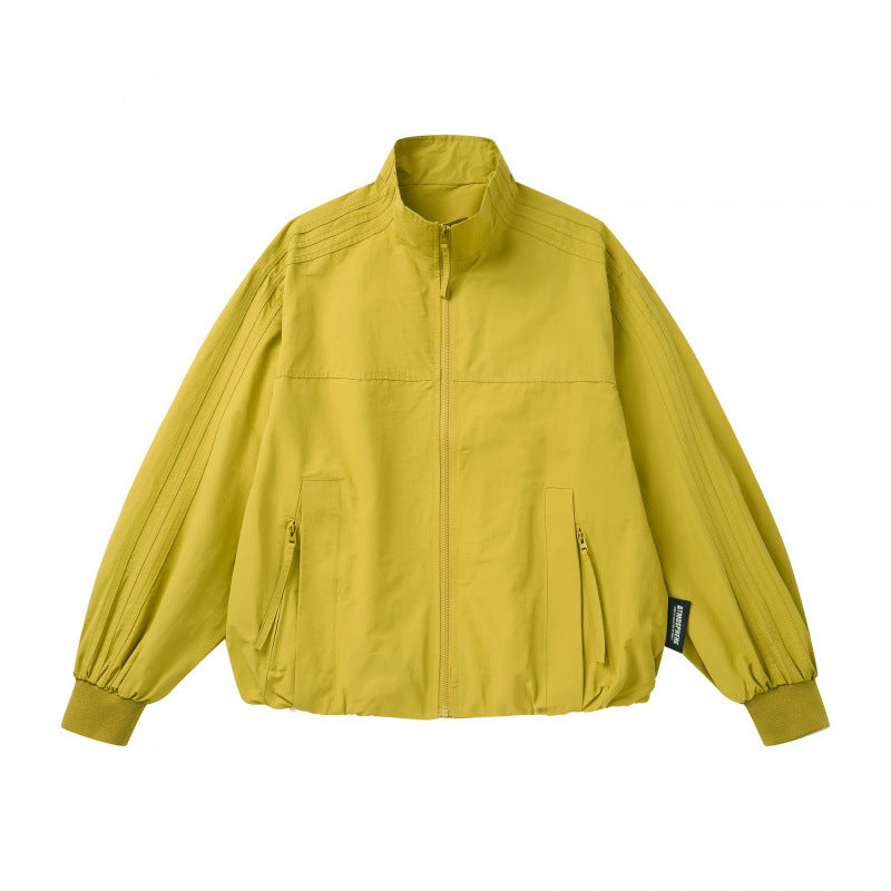 Unisex Lightweight Boxy Outdoor Jacket in Track Style with High Stand-Up Collar, Zipper Pockets and Elastic Hem Fashion Glam