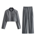 Women Two-Piece Pinstripe Suit Set with Short Stand Collar Blazer and Wide Pleat Pants Fashion Glam
