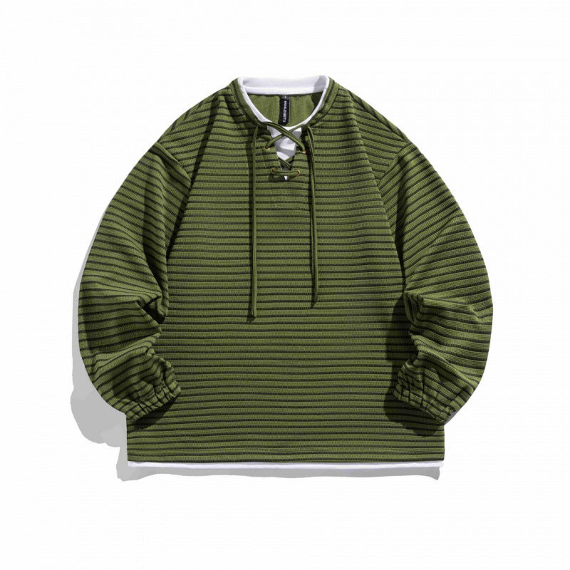 Unisex Striped Oversized Sweater with Lace Collar and Textured Knit Fashion Glam