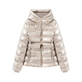 Women's Shiny Down-Look Quilted Jacket with Hood and Tailored Drawstring Belt Fashion Glam