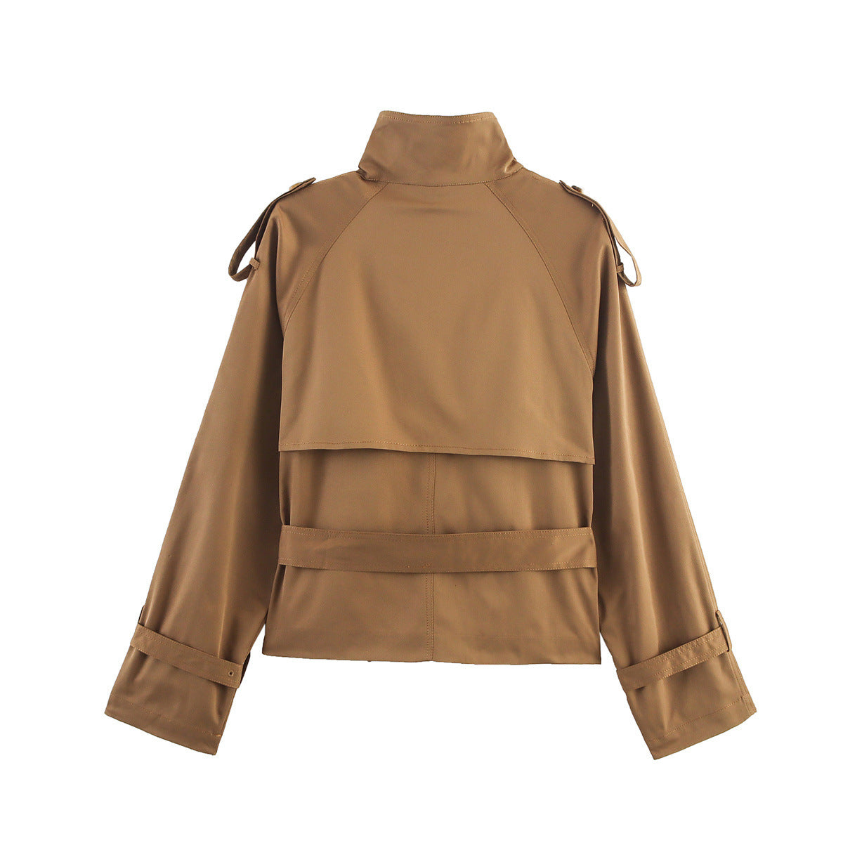 Women's Short Double-Breasted Trench Blouson with High Stand Collar, Shoulder Tabs, and Waist Belt Fashion Glam