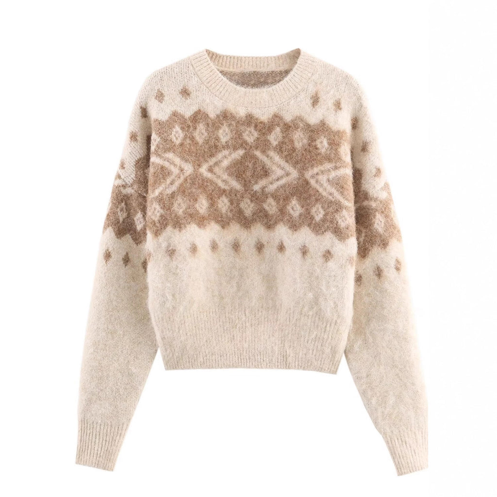 Women's Fluffy Knitted Sweater with Norwegian Pattern and Boxy Fit Fashion Glam