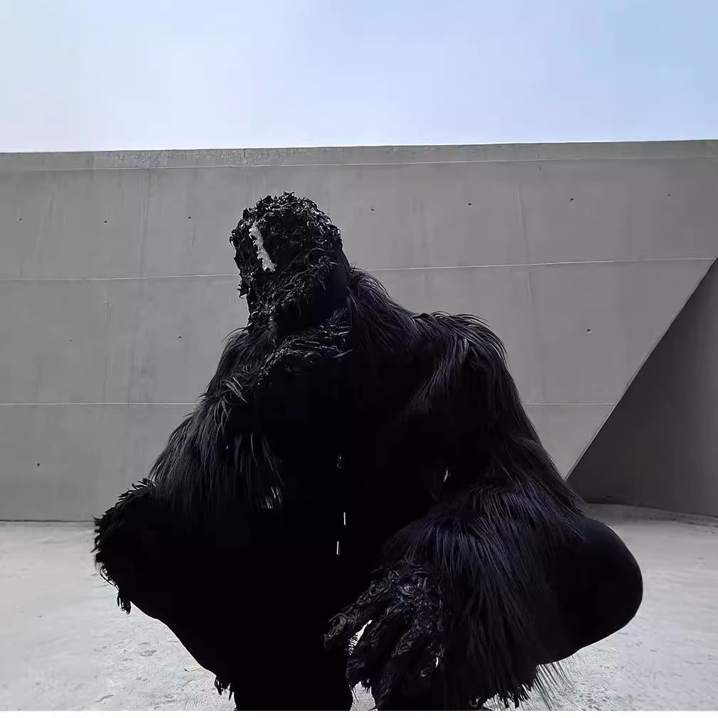 Men's Statement Faux Fur Jacket with Long Shaggy Sleeves and Asymmetrical Zipper Fashion Glam