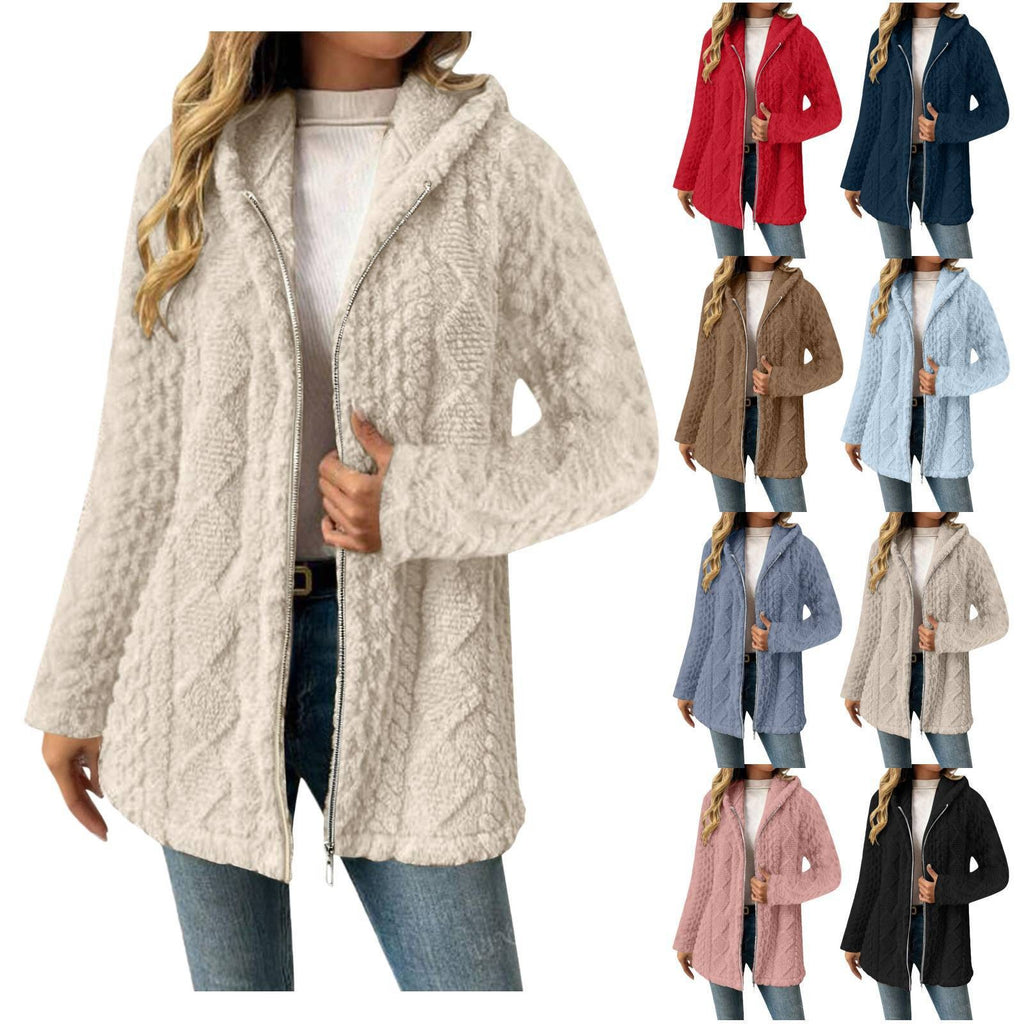 Women's Hooded Sherpa Jacket with Cable Pattern, Medium Length and Two-Way Zipper Fashion Glam