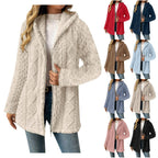 Women's Hooded Sherpa Jacket with Cable Pattern, Medium Length and Two-Way Zipper Fashion Glam