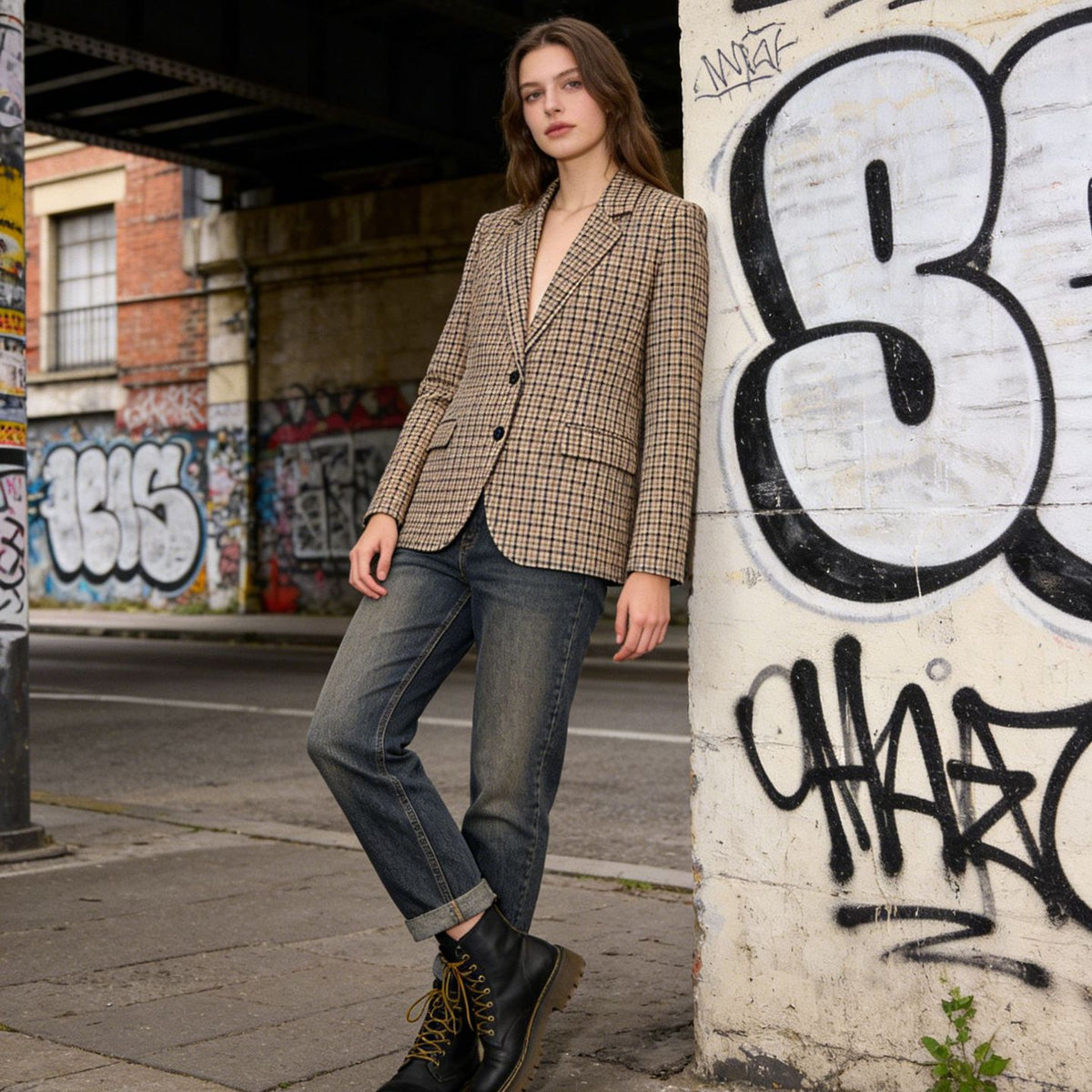 Women's Check Blazer in Modern Tailoring with Notch Lapel, Two-Button Closure and Lined Flap Pockets Fashion Glam