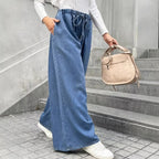 Women's Relaxed Palazzo Jeans with Drawstring Waist, Side Pockets and Extra Wide Leg Fashion Glam
