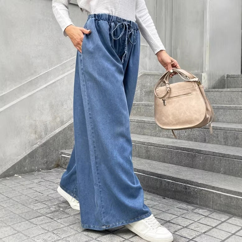 Women's Relaxed Palazzo Jeans with Drawstring Waist, Side Pockets and Extra Wide Leg Fashion Glam