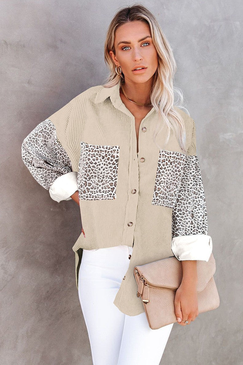 Ladies oversized shirt blouse with textured fabric and leopard print inserts Fashion Glam