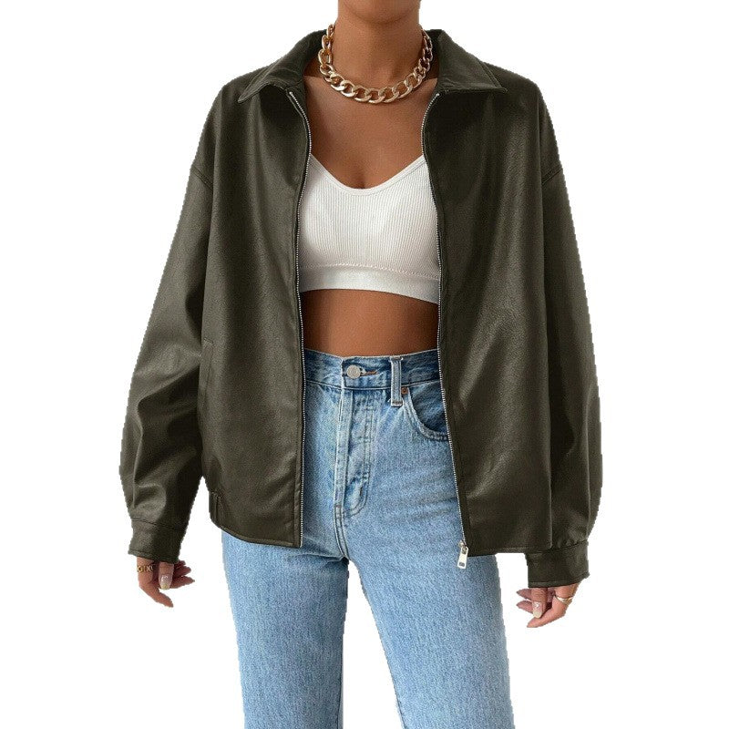 Women Oversized Faux Leather Blouson with Zipper and Shirt Collar Fashion Glam