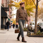 Women Short Cut Suede Look Bomber Jacket with Stand-Up Collar and Large Flap Pockets Fashion Glam