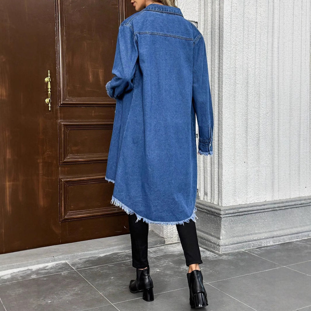 Women's Oversize Denim Shirt Jacket in Longline Cut with Frayed Hem Fashion Glam