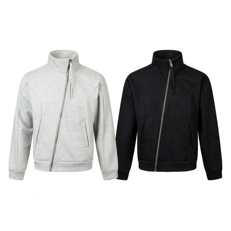 Unisex Short-cut Sporty Zip Jacket with diagonal zip, stand-up collar and side pockets Fashion Glam