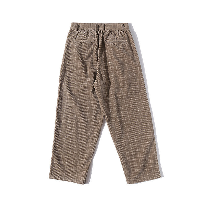 Men's Wide Cord Pants with Pleats, Cropped Cut and Check Pattern Fashion Glam