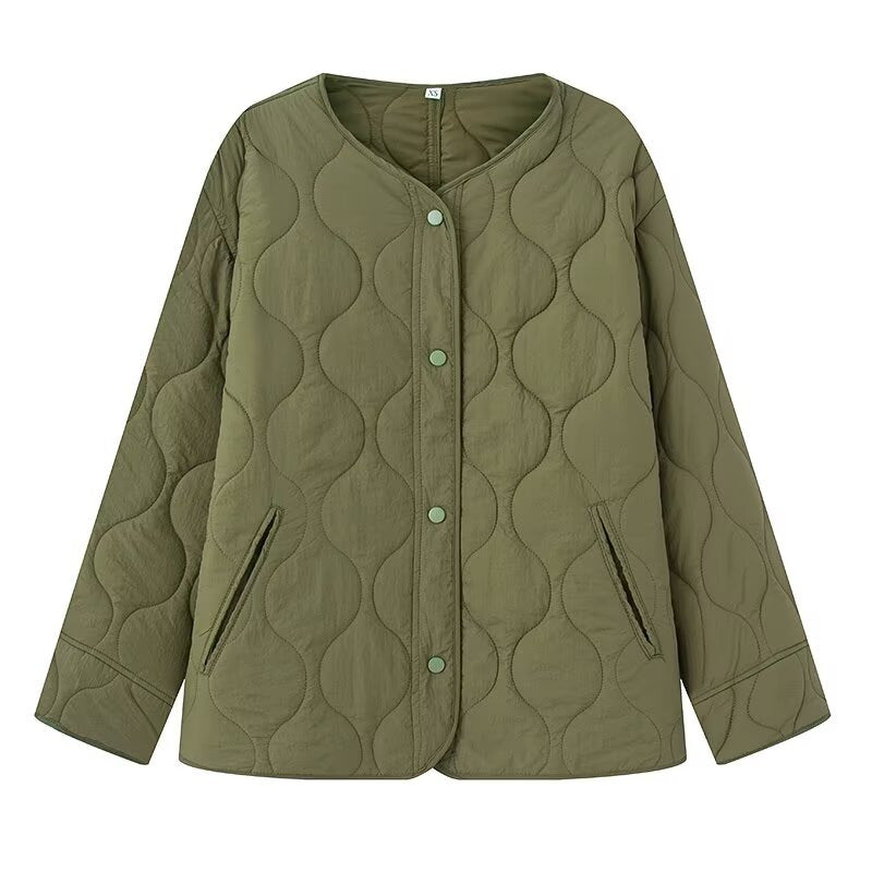 Women's Lightly Quilted Oversize Jacket with Round Neck, Snap Button Placket and Side Pockets Fashion Glam