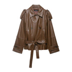 Women's leather trench coat with belt, shoulder flaps and oversized collar Fashion Glam