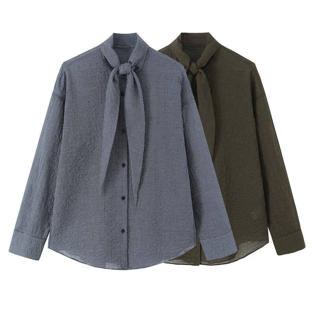 Women's Oversize Blouse with Bow Collar and Fine Vichy Check Fashion Glam