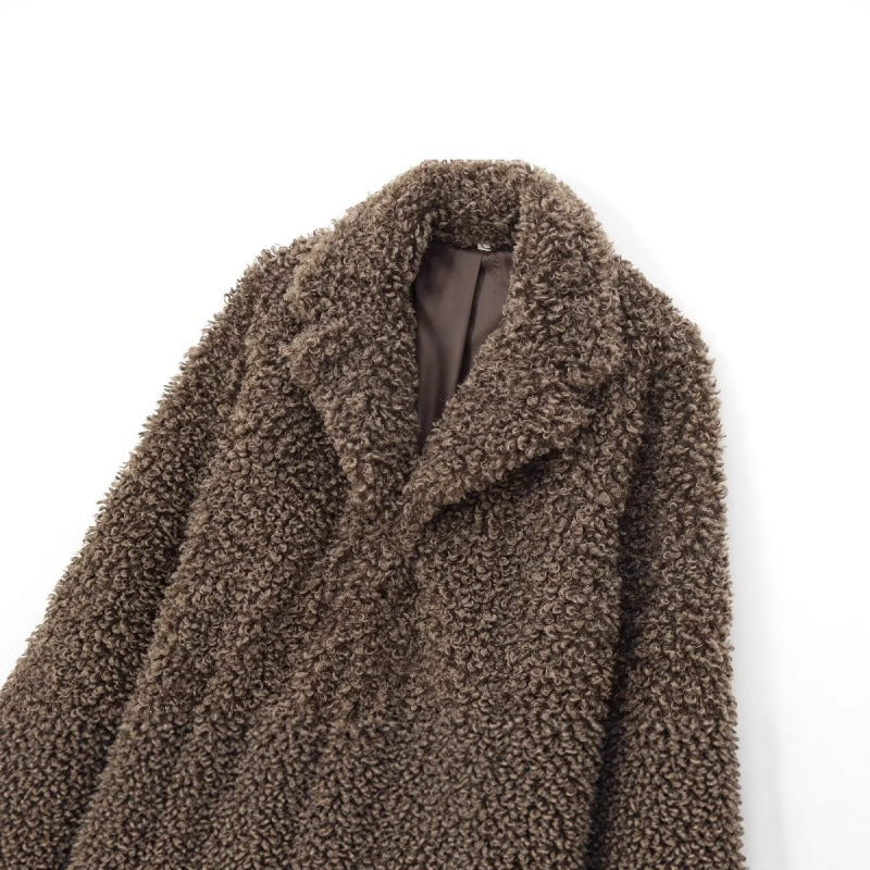 Women's Oversized Faux Fur Teddy Jacket with Shawl Collar and Lined Interior Fashion Glam