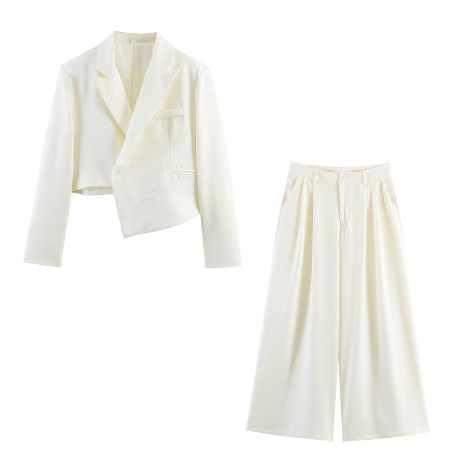 Women Asymmetric Cropped Blazer with Slanted Hemline and Lapel Collar Fashion Glam