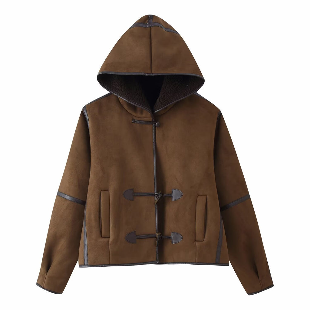 Women's Short Hooded Sheepskin Imitation Duffle Jacket with Toggle Fastenings Fashion Glam